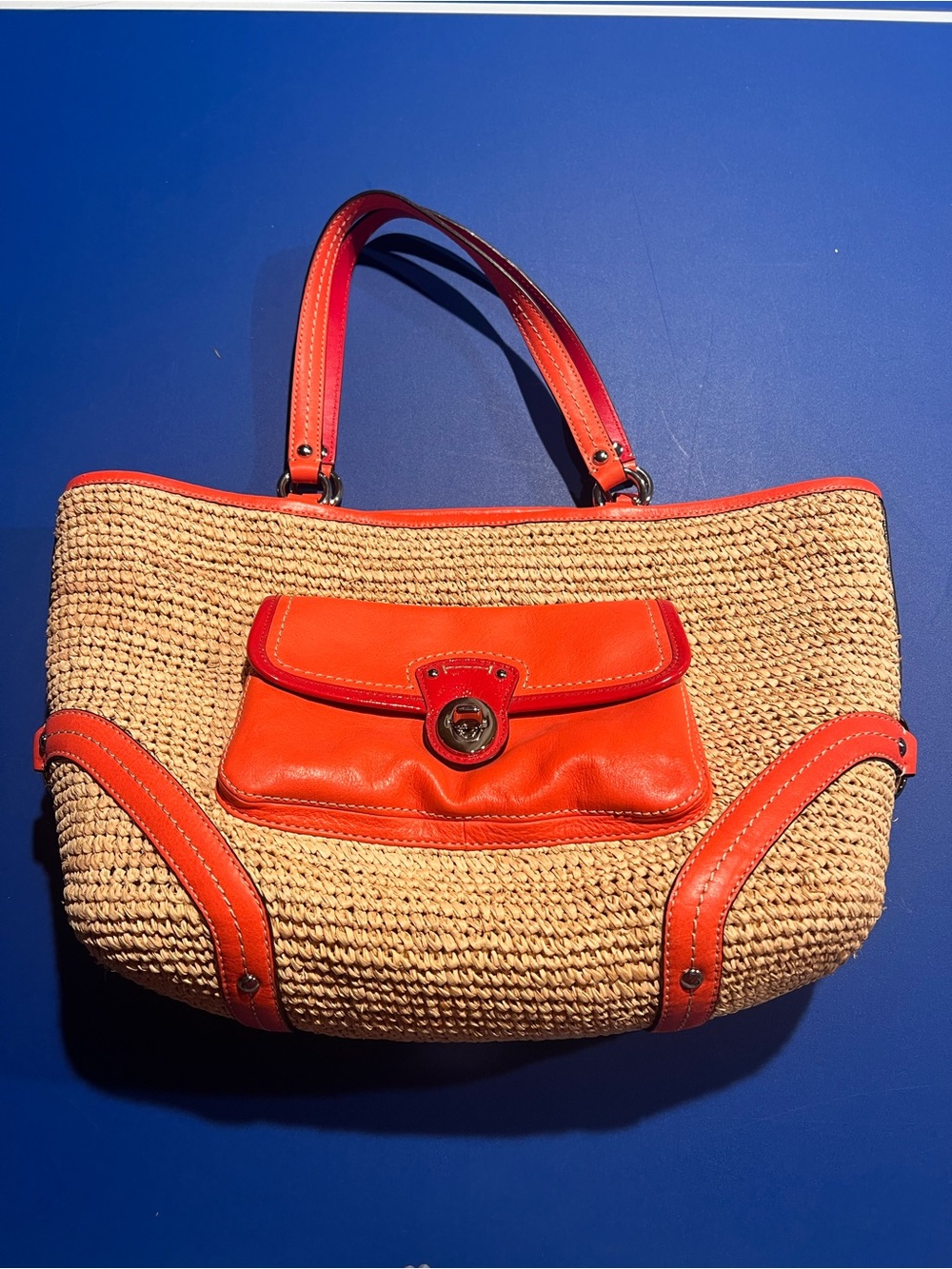 MINT COACH NATURAL STRAW TANGERINE LEATHER TRIM POCKET SHOPPER TOTE BAG SATCHEL